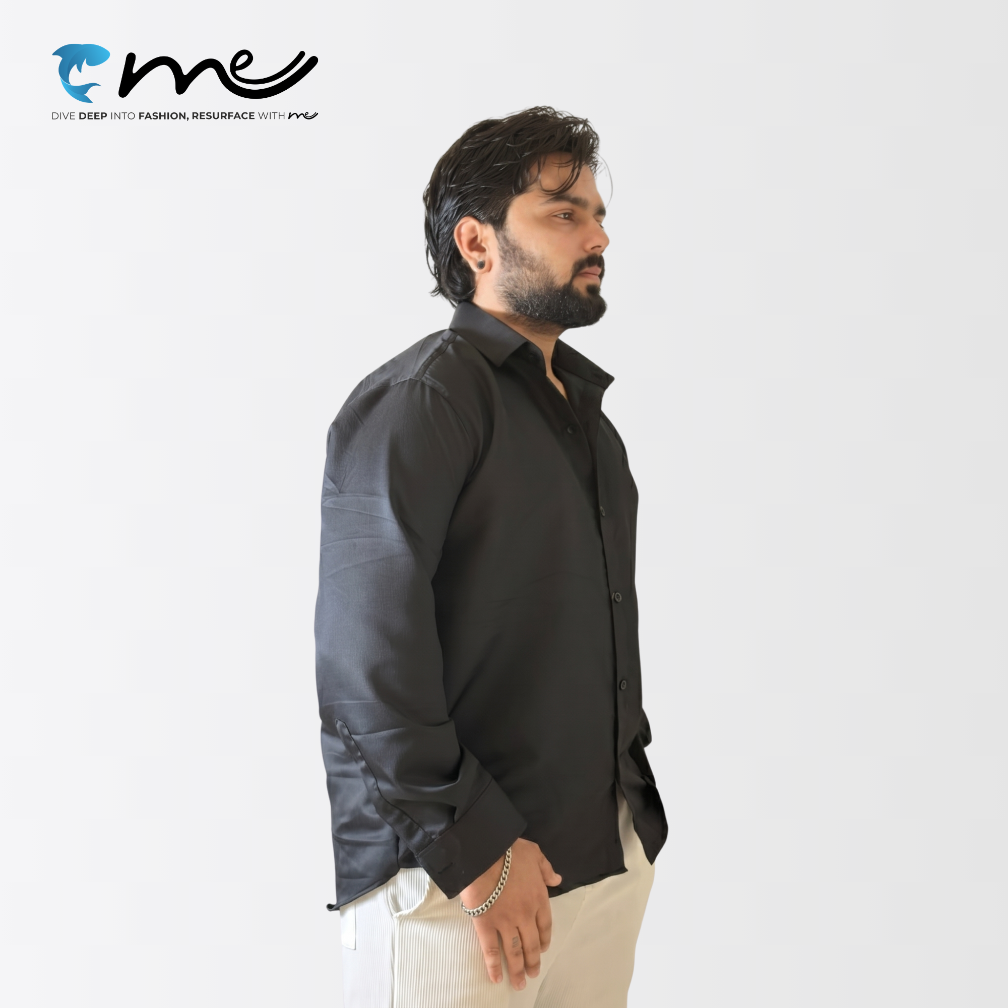 Midnight Black - Men's Black Shine Full-Sleeve Casual Shirt