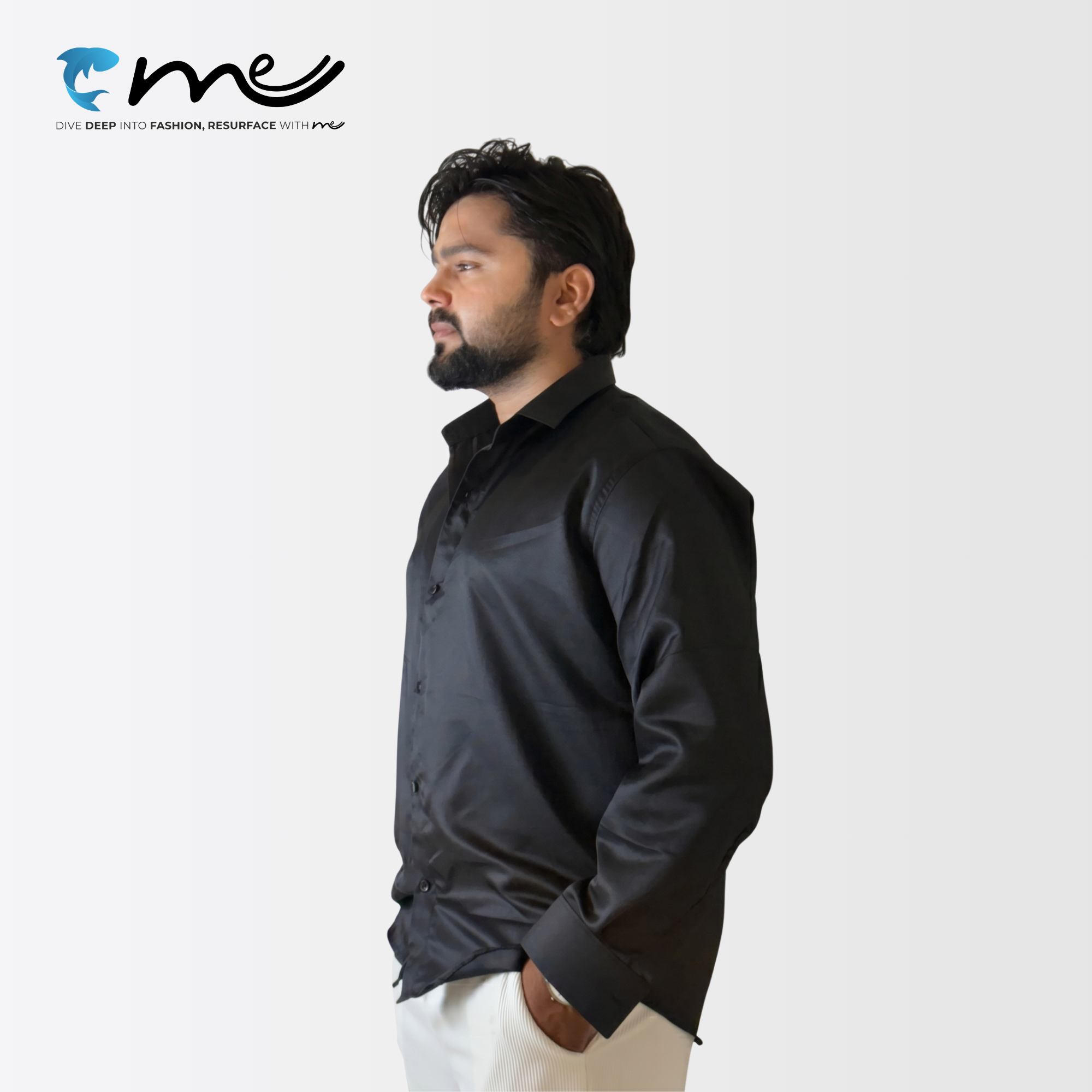 Midnight Black - Men's Black Shine Full-Sleeve Casual Shirt