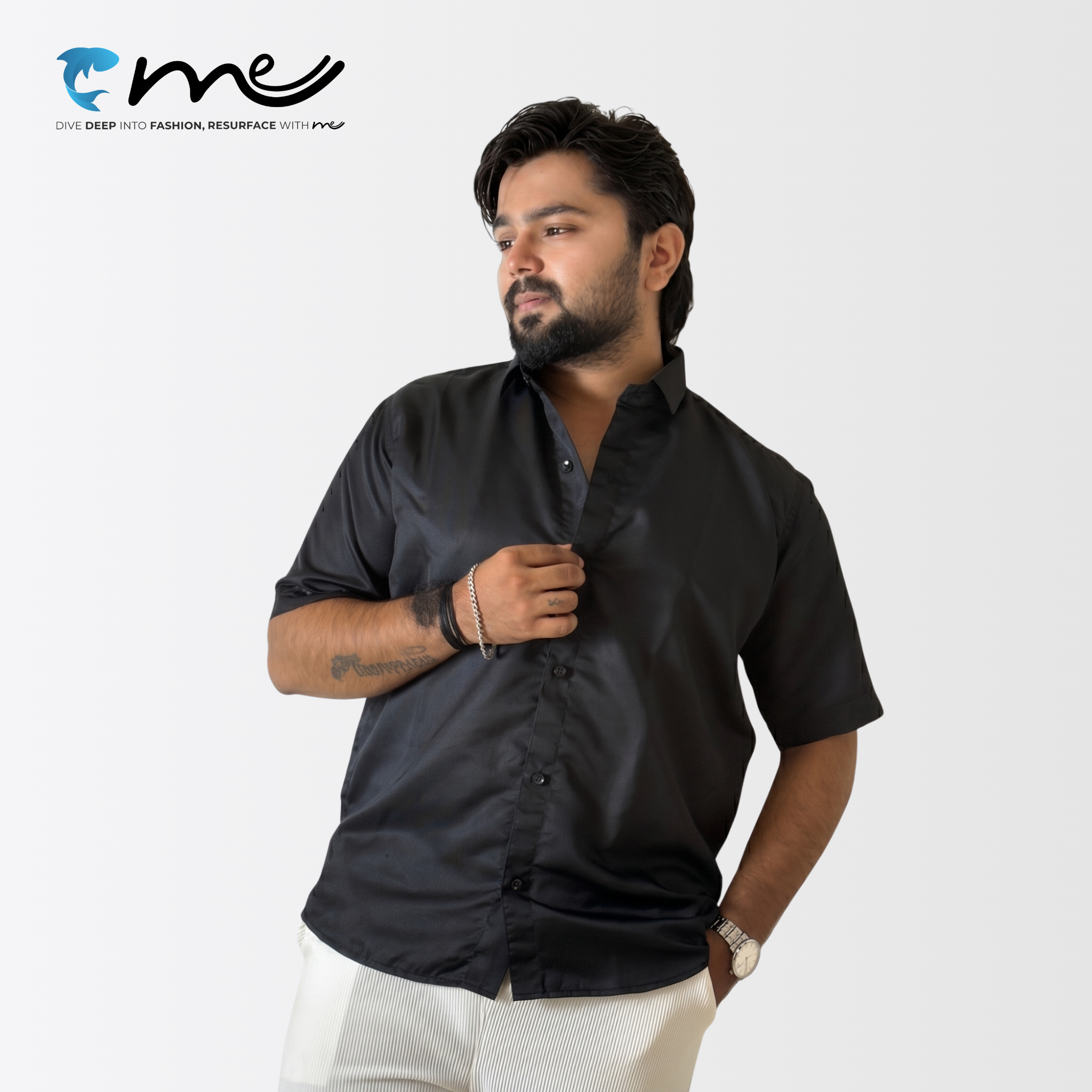 Midnight Black - Men's Black Shine Half-Sleeve Casual Shirt