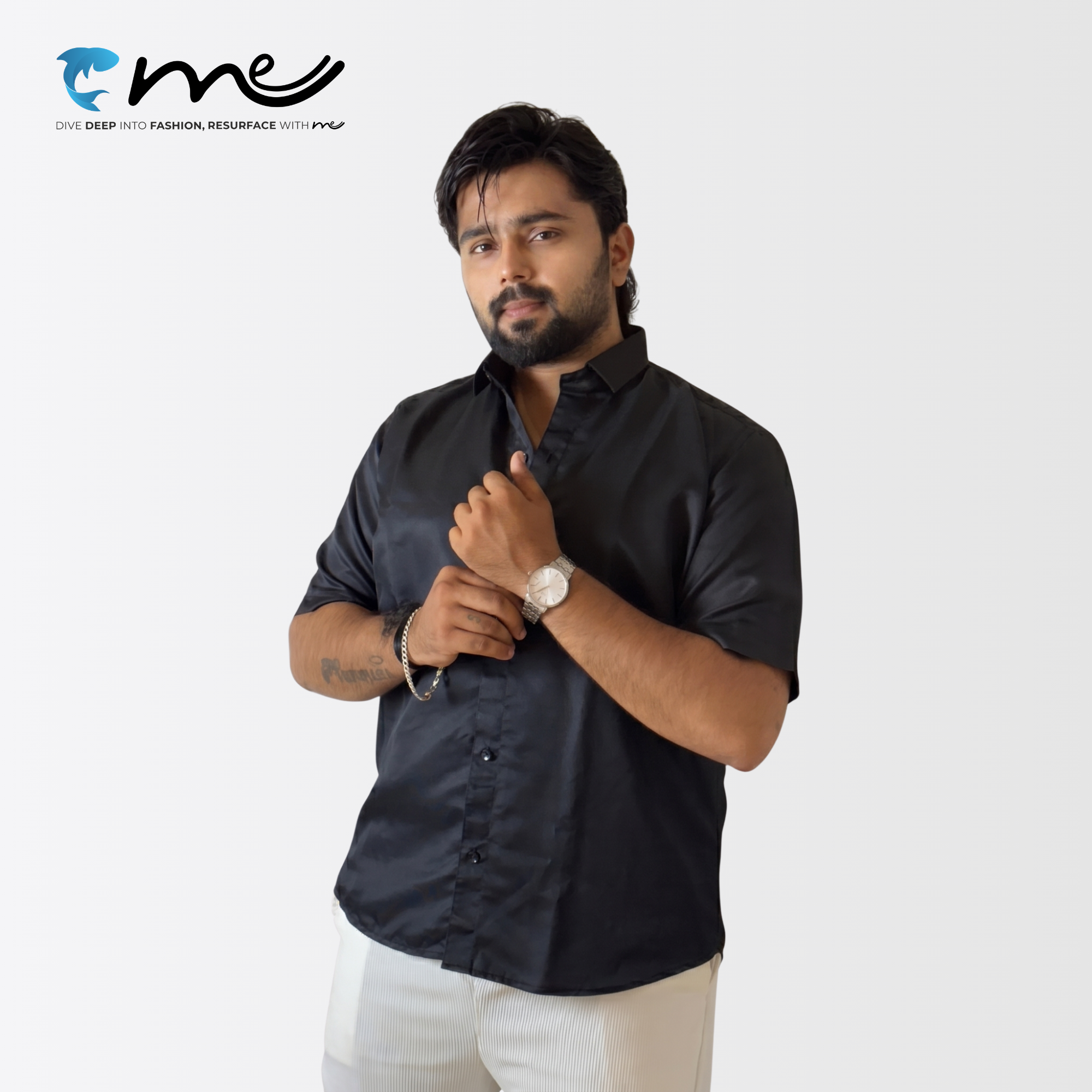 Midnight Black - Men's Black Shine Half-Sleeve Casual Shirt