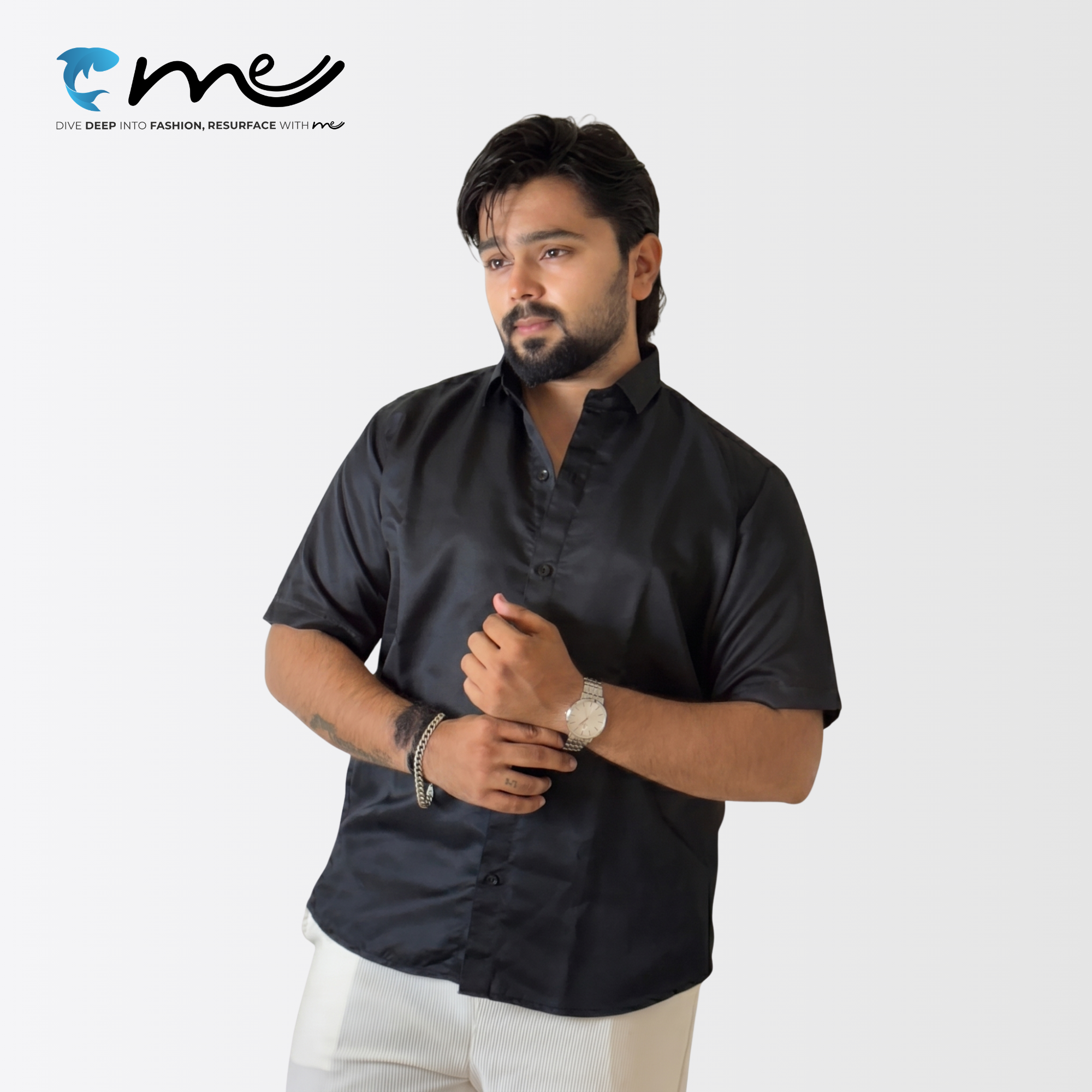 Midnight Black - Men's Black Shine Half-Sleeve Casual Shirt