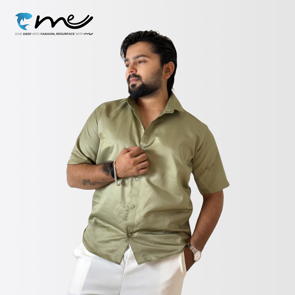 Midnight Olive Green - Men's Olive Green Shine Half-Sleeve Casual Shirt