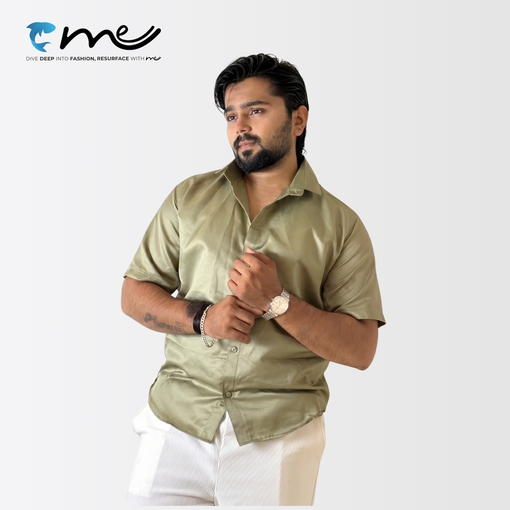 Midnight Olive Green - Men's Olive Green Shine Half-Sleeve Casual Shirt