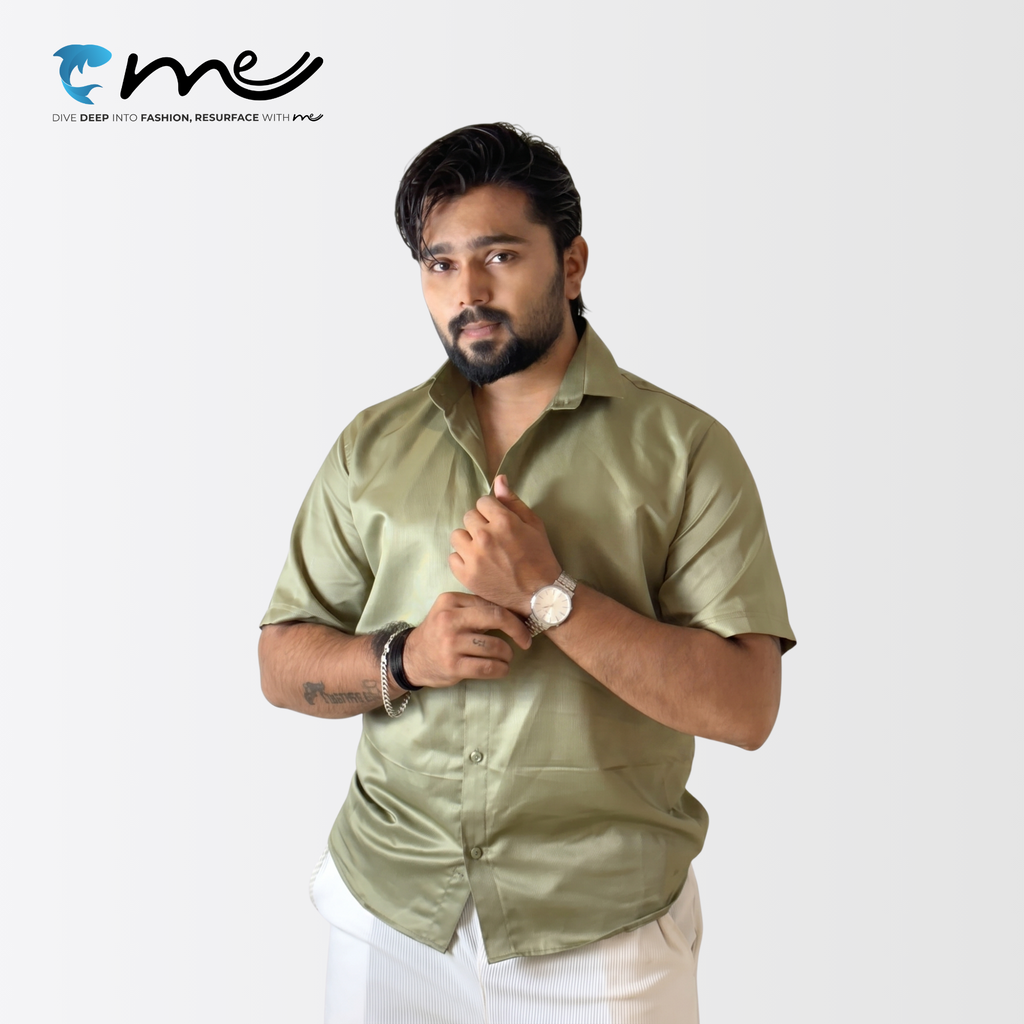 Midnight Olive Green - Men's Olive Green Shine Half-Sleeve Casual Shirt