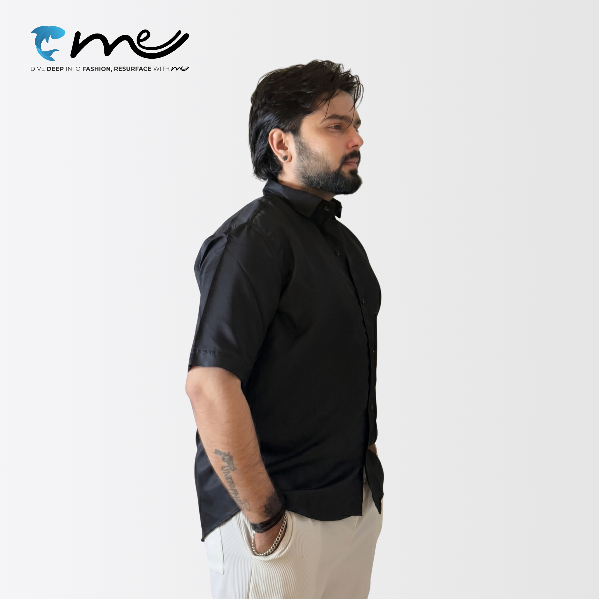Midnight Black - Men's Black Shine Half-Sleeve Casual Shirt