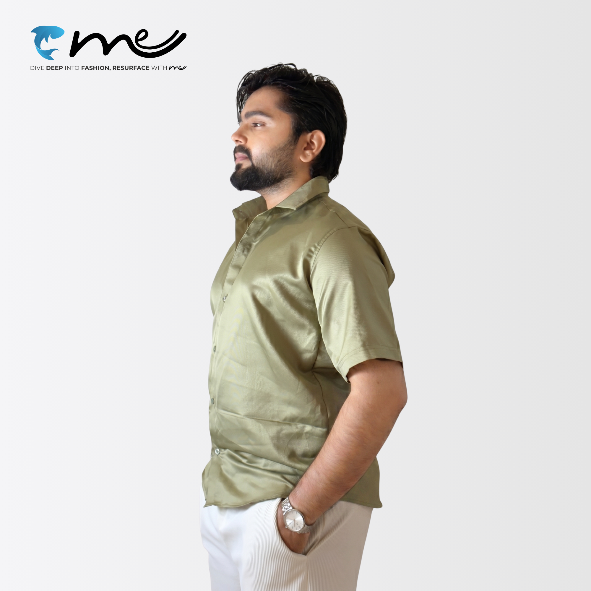 Midnight Olive Green - Men's Olive Green Shine Half-Sleeve Casual Shirt