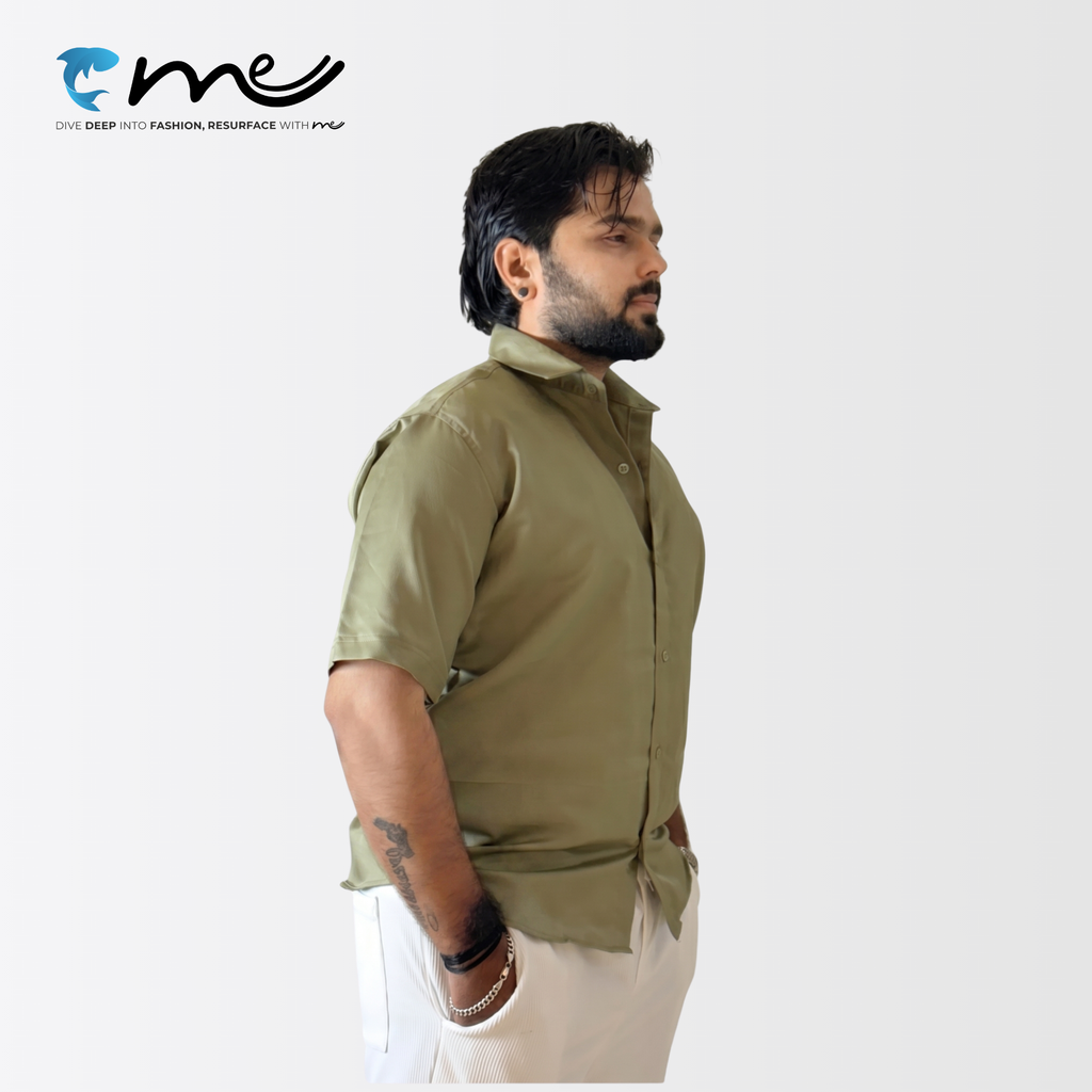 Midnight Olive Green - Men's Olive Green Shine Half-Sleeve Casual Shirt