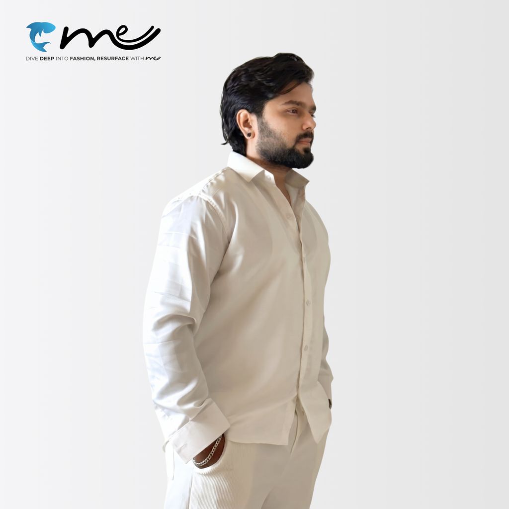 Midnight White - Men's White Shine Full-Sleeve Casual Shirt