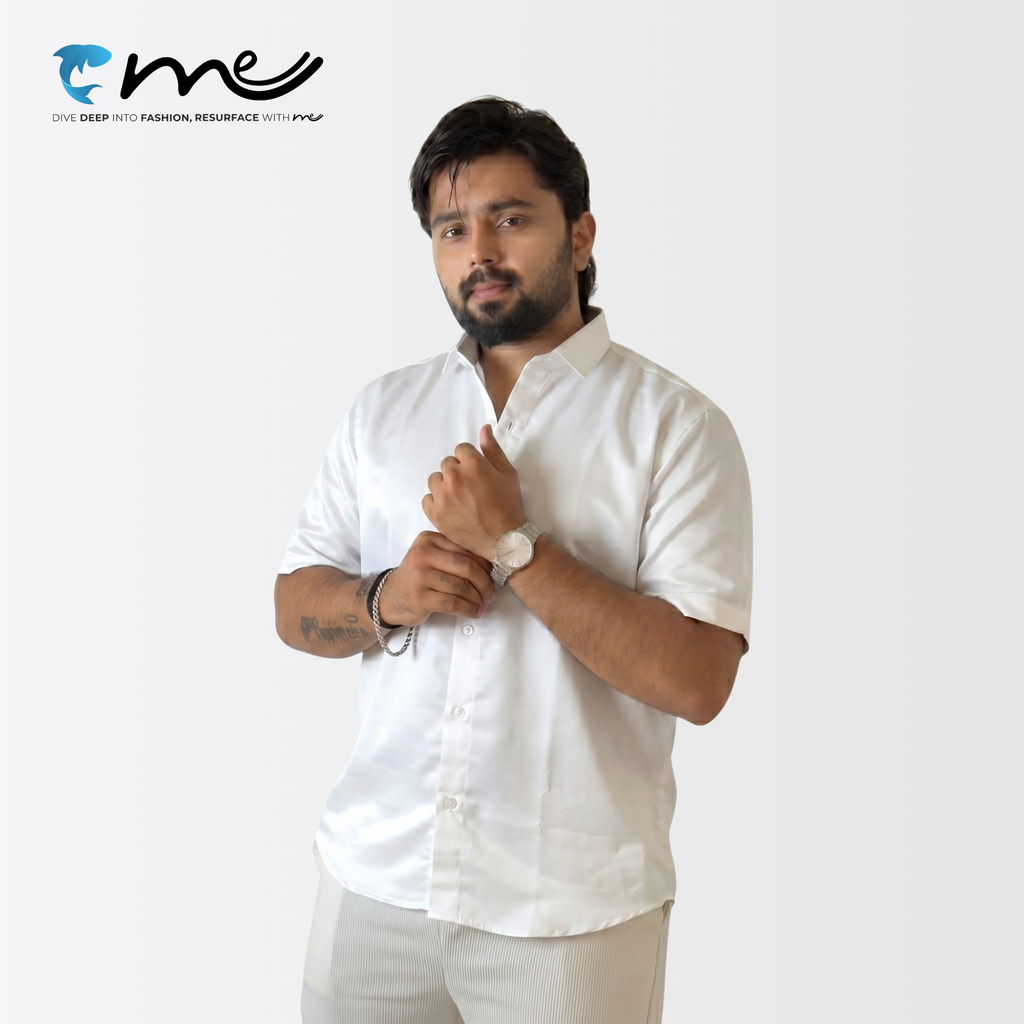Midnight White - Men's White Shine Half-Sleeve Casual Shirt