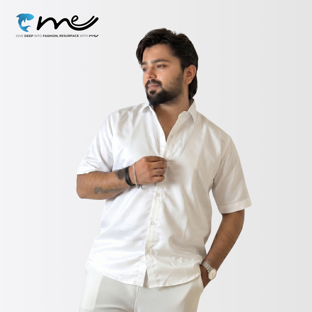 Midnight White - Men's White Shine Half-Sleeve Casual Shirt