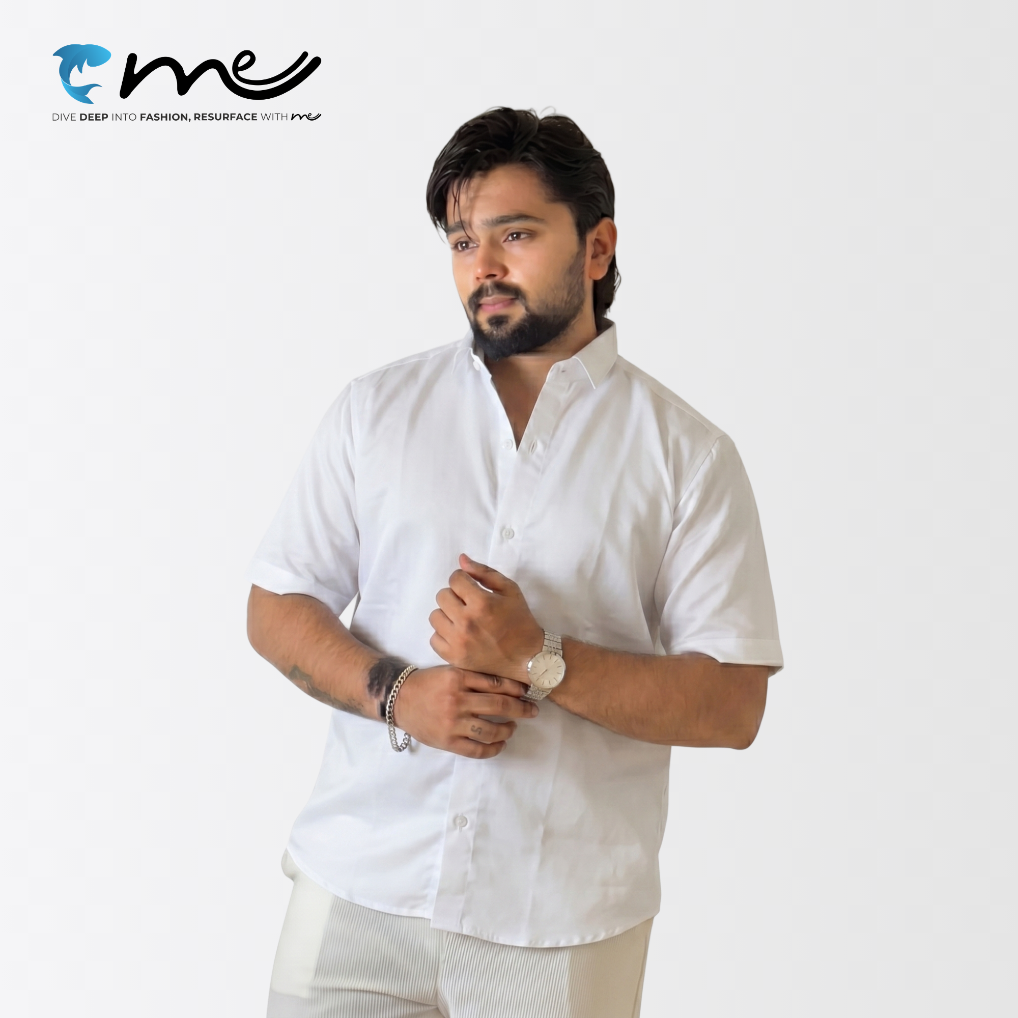 Midnight White - Men's White Shine Half-Sleeve Casual Shirt