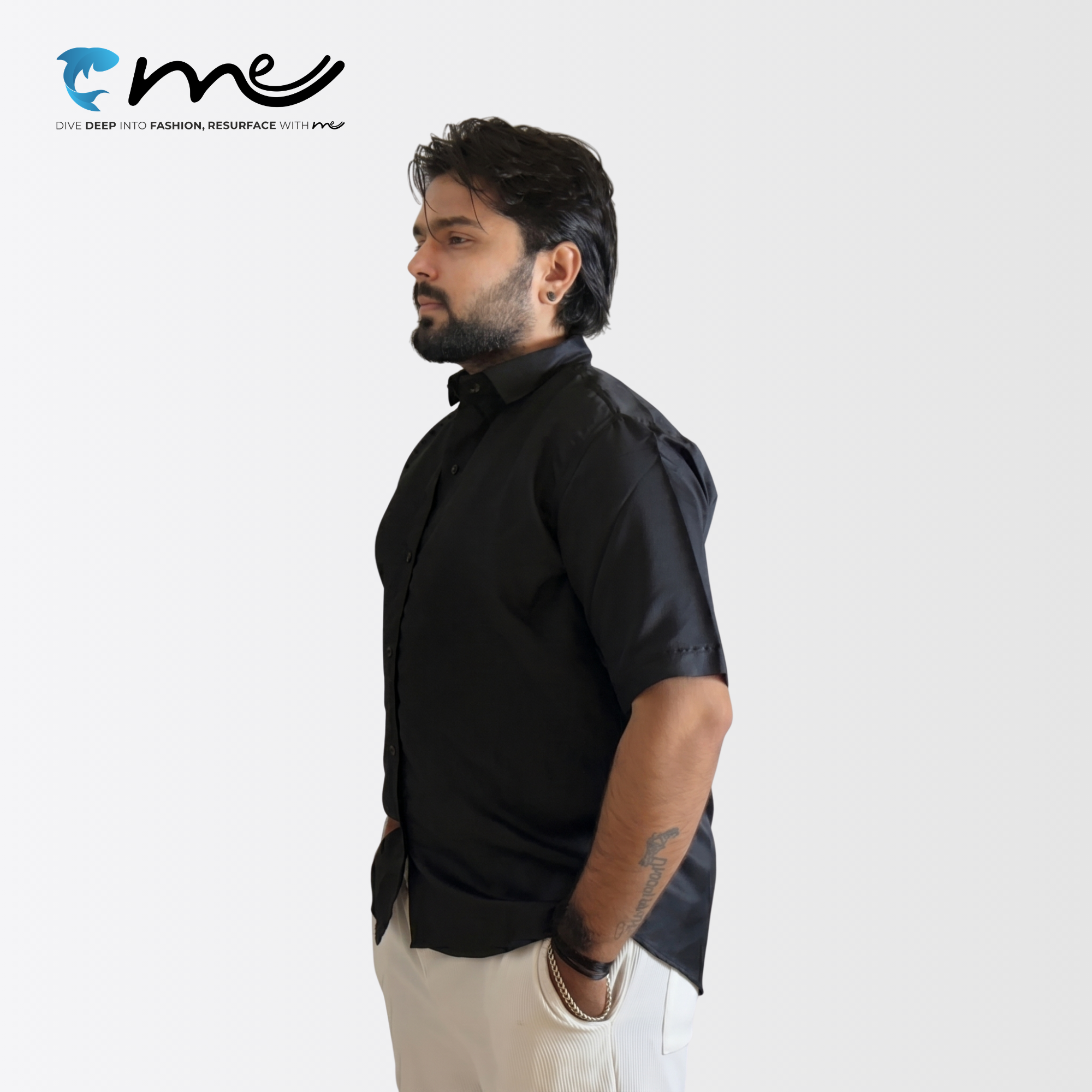 Midnight Black - Men's Black Shine Half-Sleeve Casual Shirt