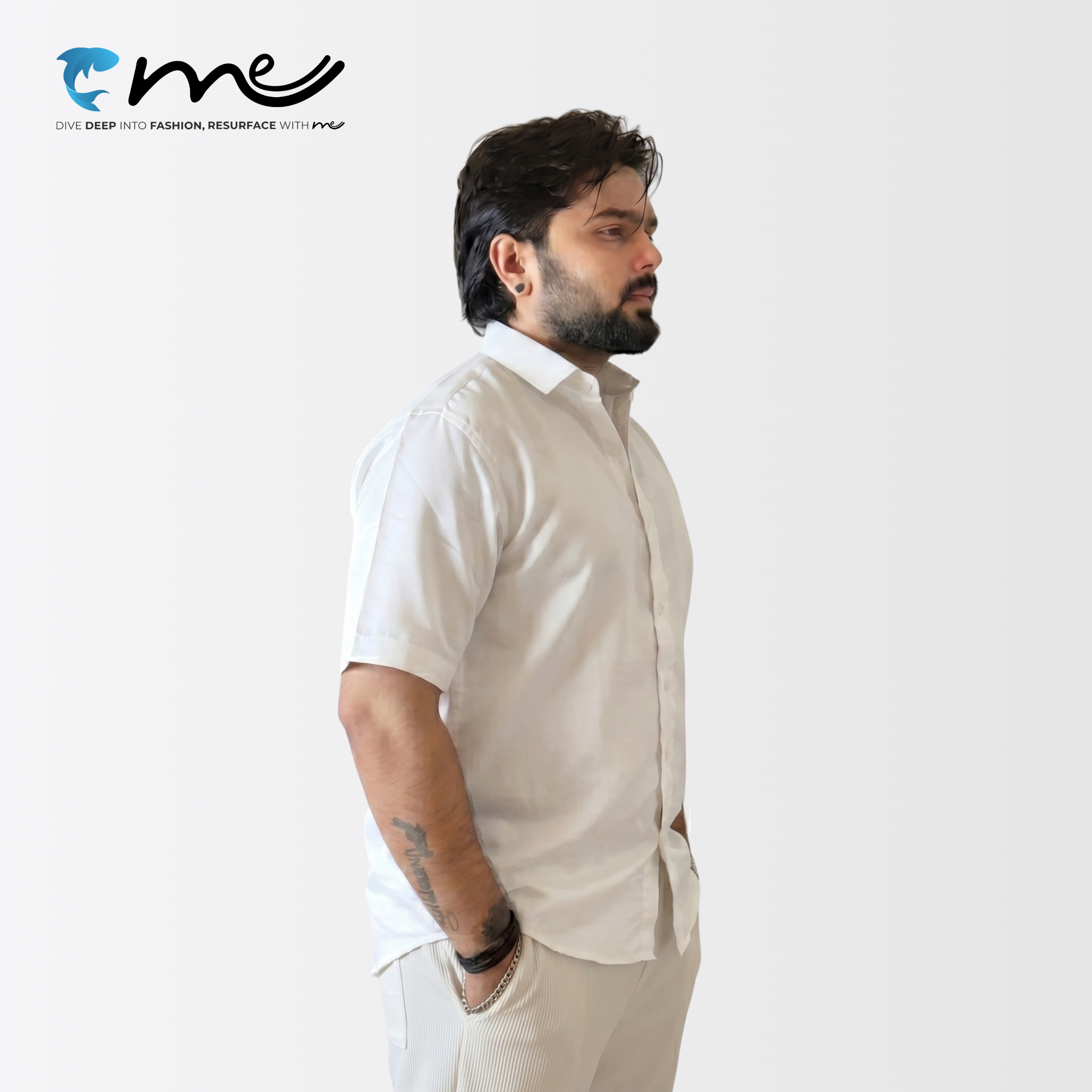 Midnight White - Men's White Shine Half-Sleeve Casual Shirt