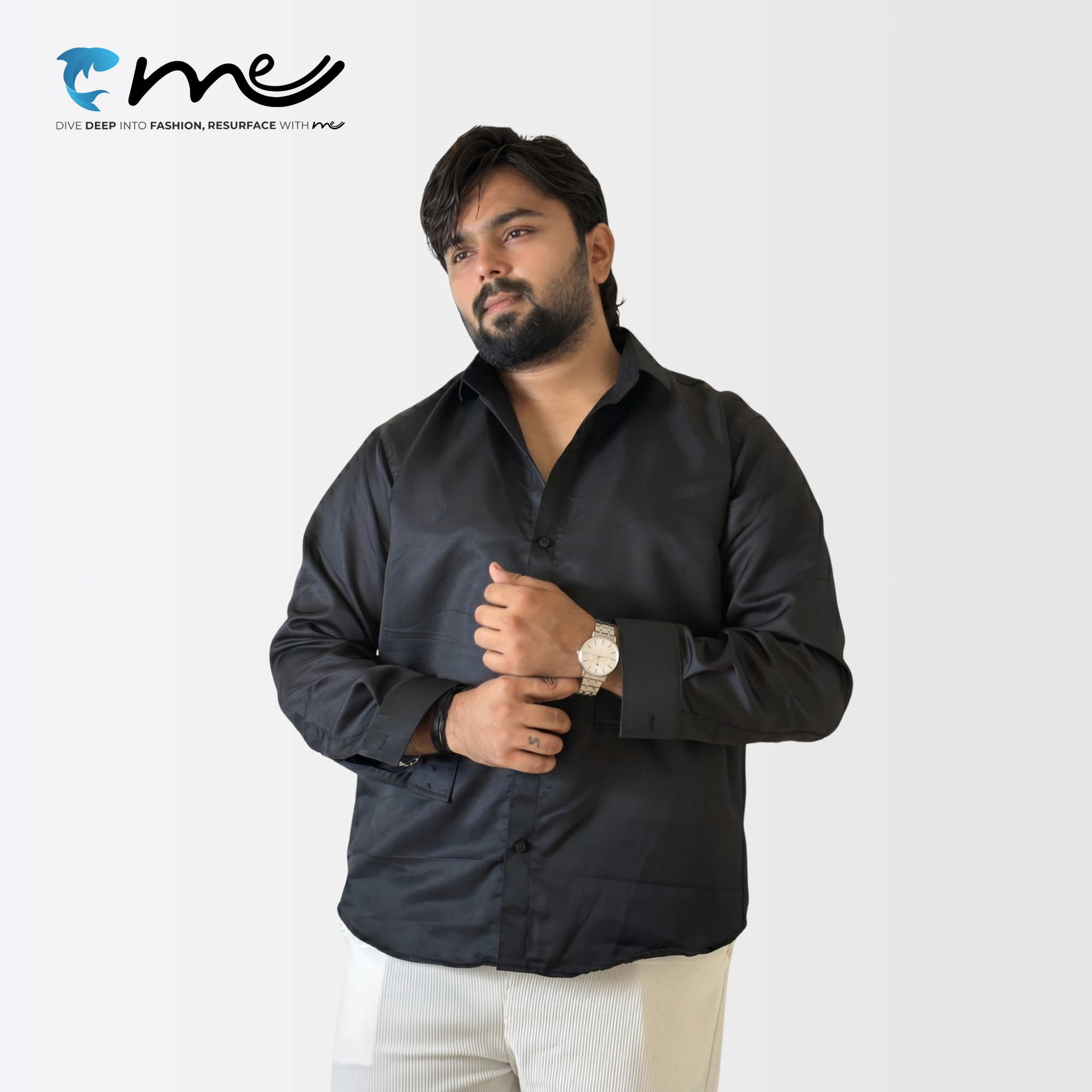 Midnight Black - Men's Black Shine Full-Sleeve Casual Shirt