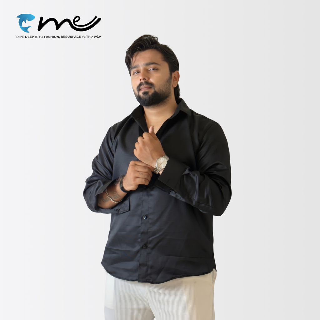 Midnight Black - Men's Black Shine Full-Sleeve Casual Shirt