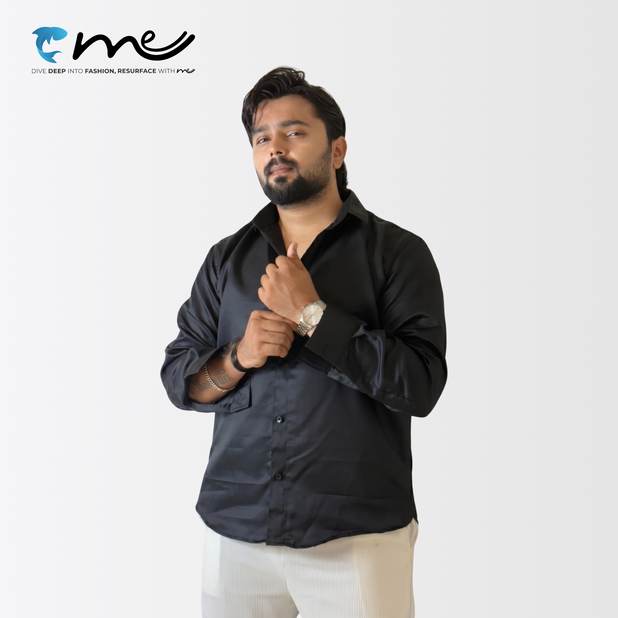 Midnight Black - Men's Black Shine Full-Sleeve Casual Shirt